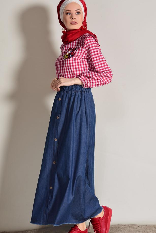 Tesettür giyim  DÜĞME DETAYLI BELİ LASTİKLİ DENİM ETEK 0002  - TRENDTESETTÜR