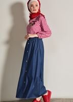 Tesettür giyim LACİVERT DÜĞME DETAYLI BELİ LASTİKLİ DENİM ETEK 0002 