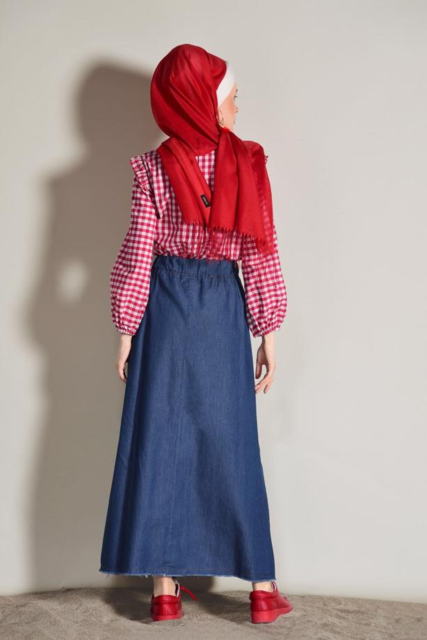 Tesettür giyim  DÜĞME DETAYLI BELİ LASTİKLİ DENİM ETEK 0002  - TRENDTESETTÜR