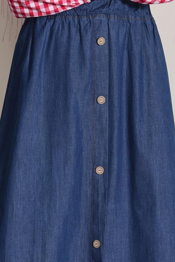 Tesettür giyim  DÜĞME DETAYLI BELİ LASTİKLİ DENİM ETEK 0002  - TRENDTESETTÜR