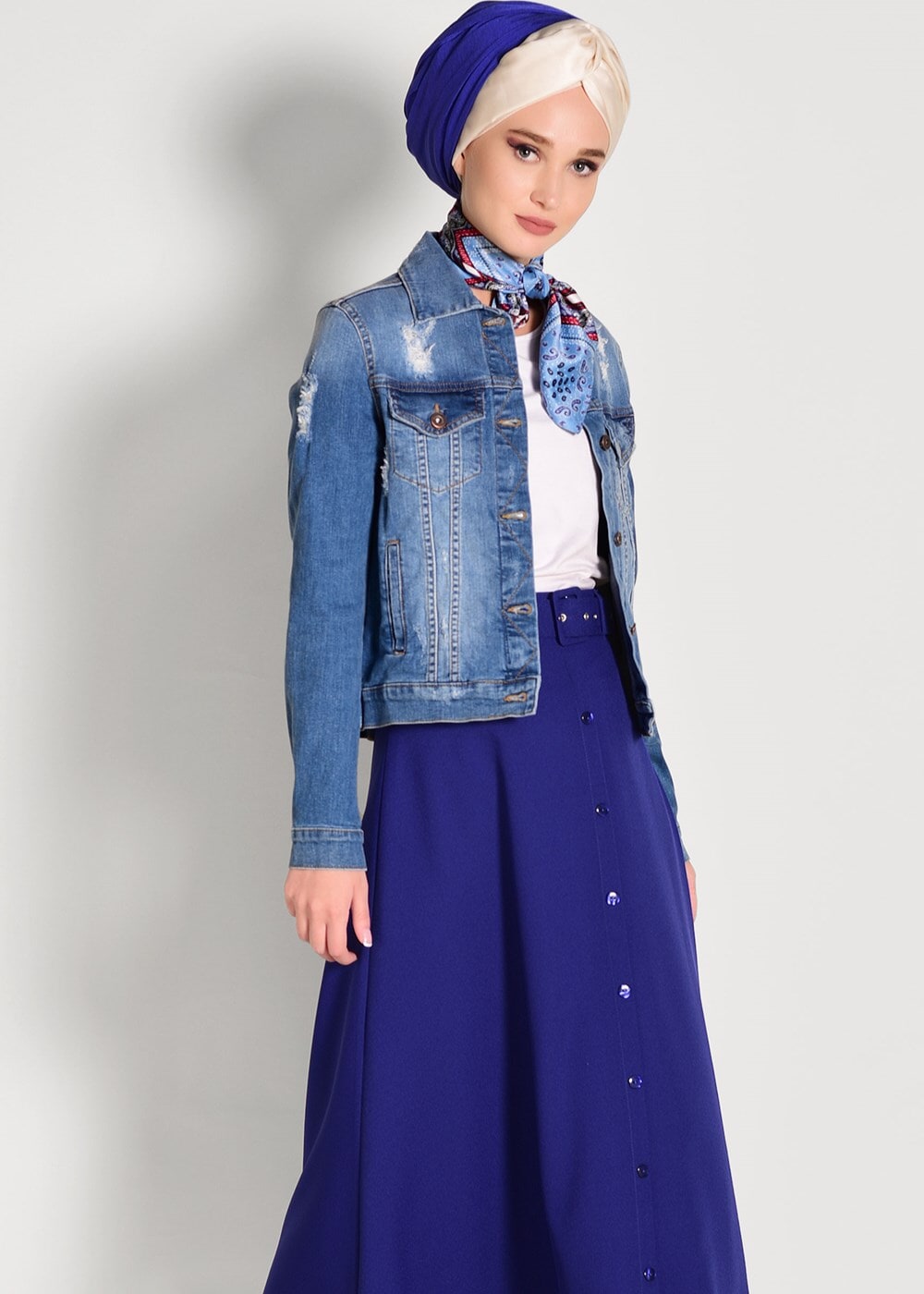 Tesettür giyim LACİVERT KEMERLİ DÜĞME DETAYLI ETEK 081 