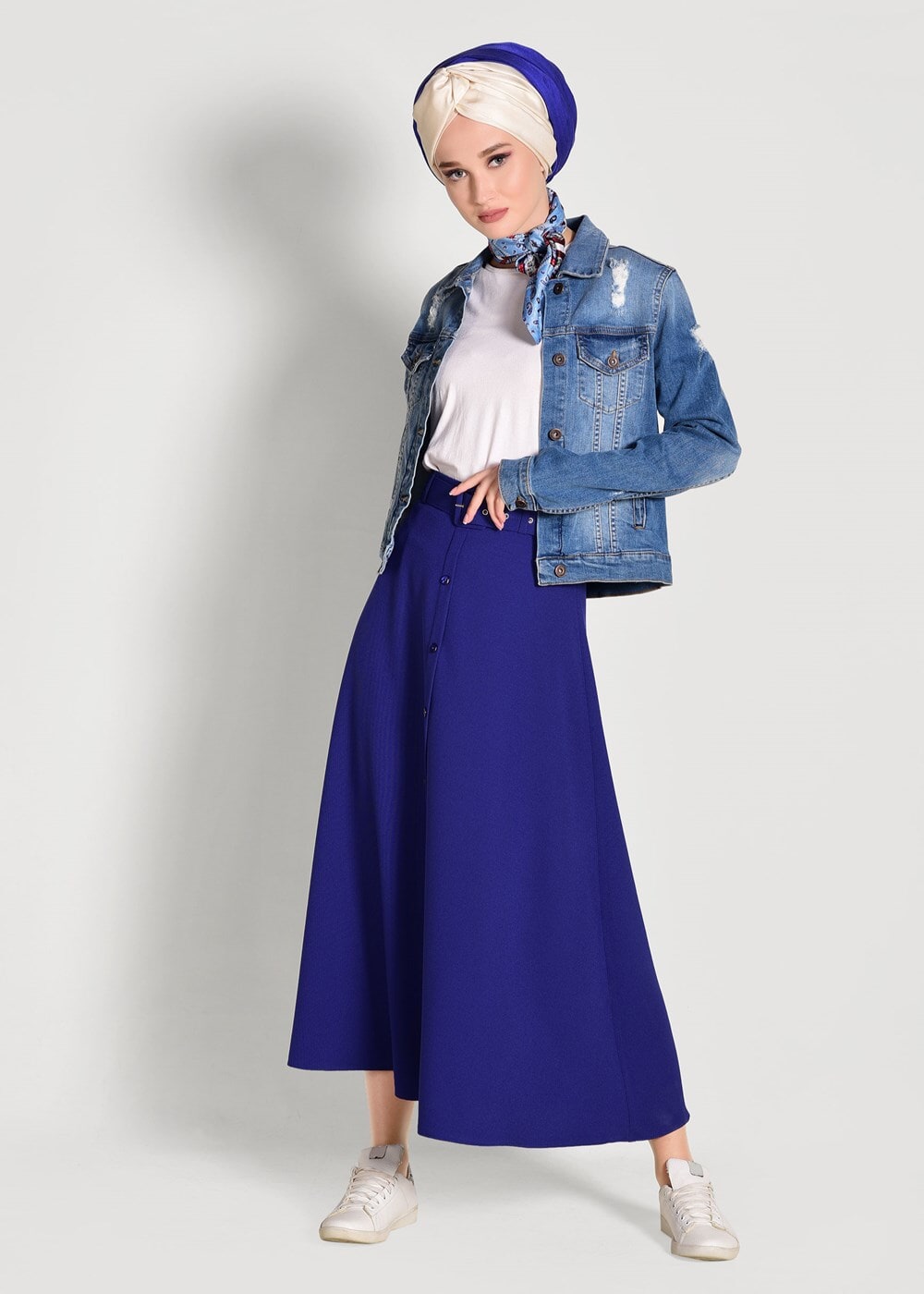 Tesettür giyim LACİVERT KEMERLİ DÜĞME DETAYLI ETEK 081 