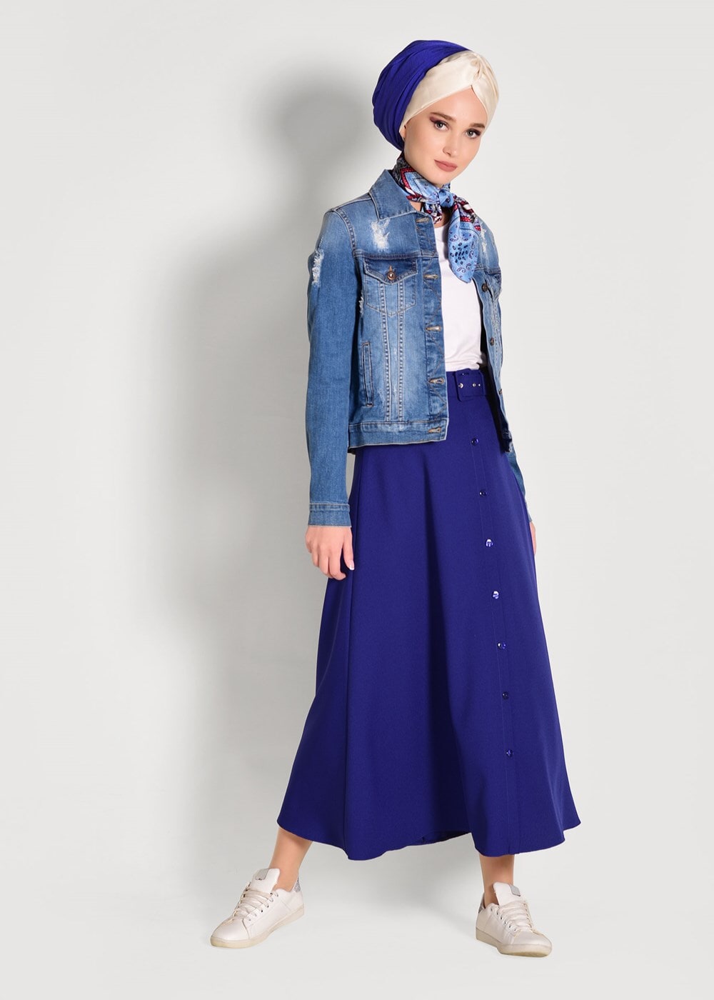 Tesettür giyim LACİVERT KEMERLİ DÜĞME DETAYLI ETEK 081 