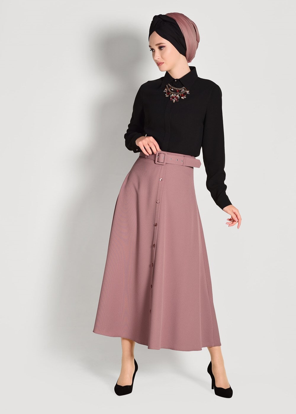 Tesettür giyim PEMBE KEMERLİ DÜĞME DETAYLI ETEK 081 