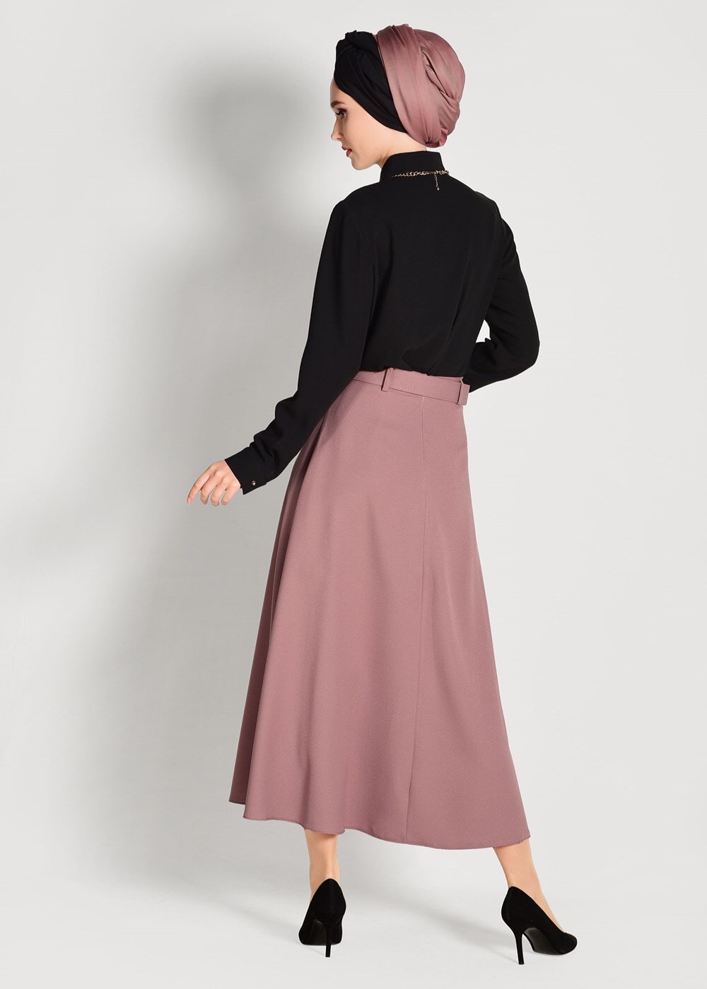 Tesettür giyim PEMBE KEMERLİ DÜĞME DETAYLI ETEK 081 