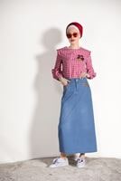 Tesettür giyim LACİVERT İŞLEME DETAYLI DENİM ETEK 0122 