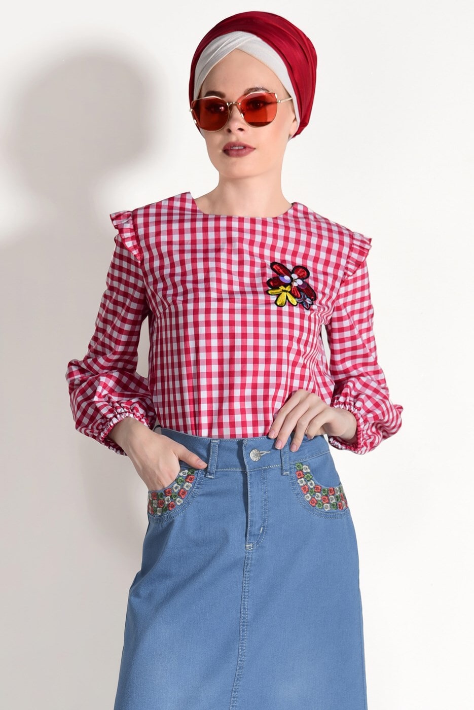 Tesettür giyim LACİVERT İŞLEME DETAYLI DENİM ETEK 0122 