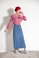 Tesettür giyim LACİVERT İŞLEME DETAYLI DENİM ETEK 0122 