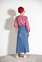 Tesettür giyim LACİVERT İŞLEME DETAYLI DENİM ETEK 0122 