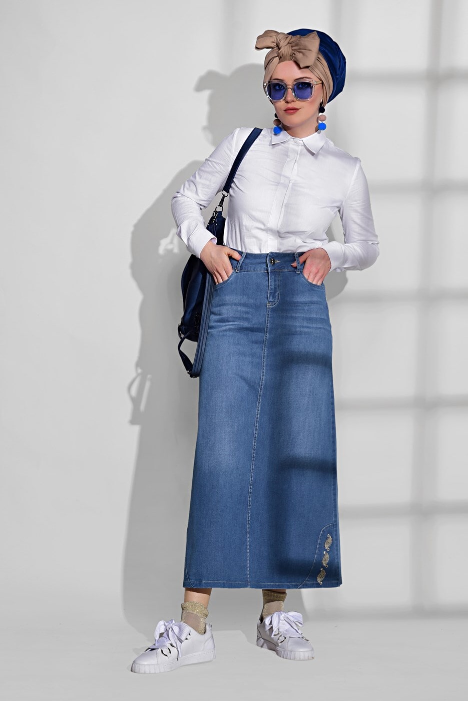 Tesettür giyim LACİVERT T 0131 Telvin-İşleme Detaylı Denim Etek