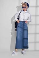 Hijab clothing NAVY BLUE EMBROIDERY DETAILED DENIM SKIRT 0131  