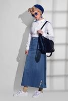 Hijab clothing NAVY BLUE EMBROIDERY DETAILED DENIM SKIRT 0131  