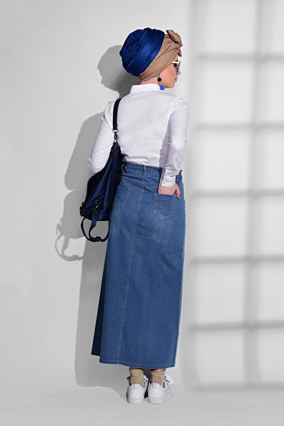 Hijab clothing NAVY BLUE EMBROIDERY DETAILED DENIM SKIRT 0131  