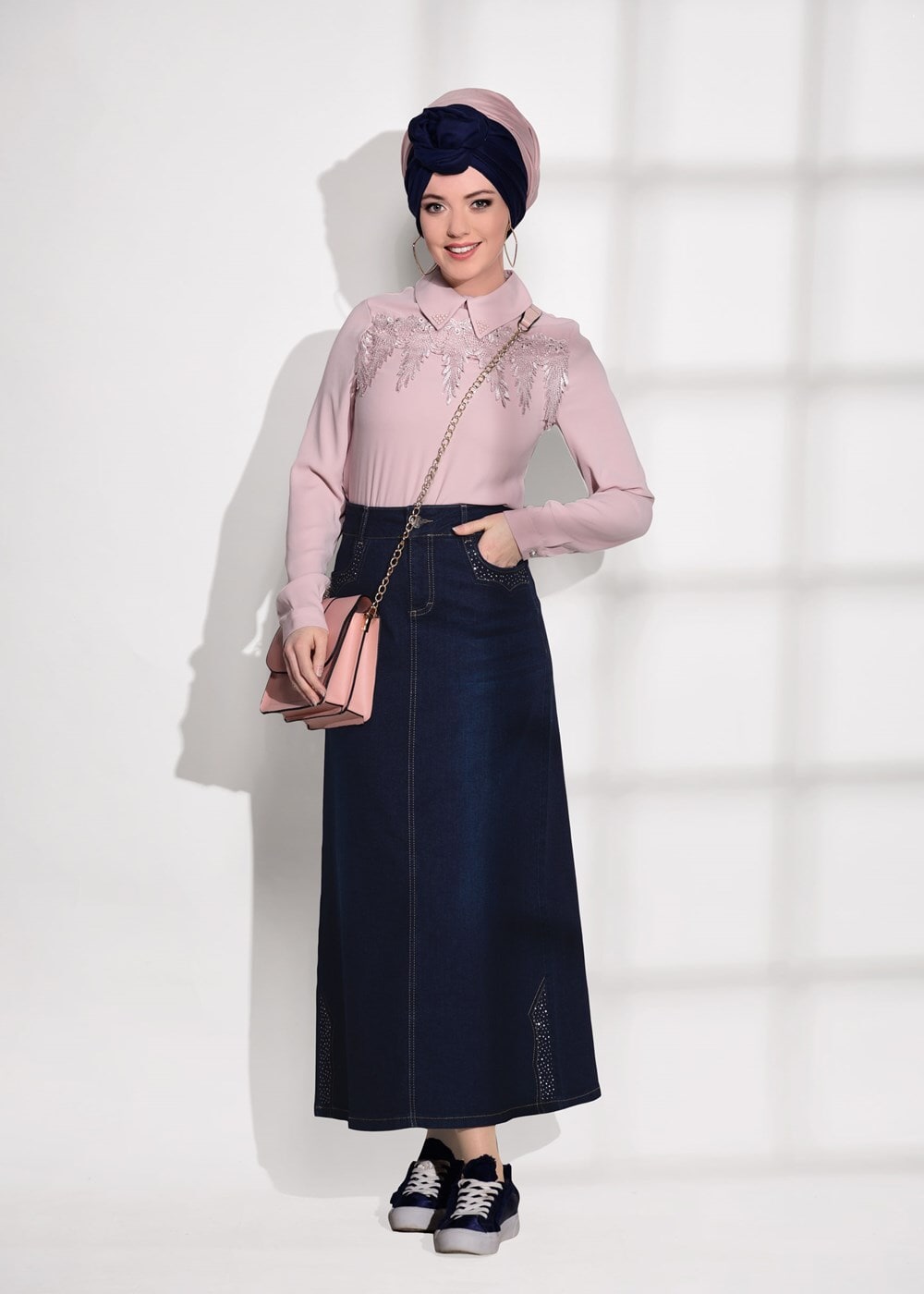 Tesettür giyim LACİVERT T 1551 Telvin- Spor Denim Etek