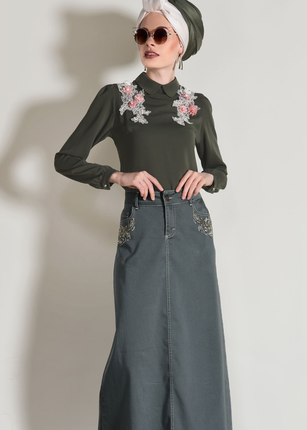 Tesettür giyim HAKİ T 2002 Telvin- Cep Detaylı Spor Etek