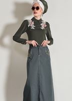 Tesettür giyim HAKİ T 2002 Telvin- Cep Detaylı Spor Etek