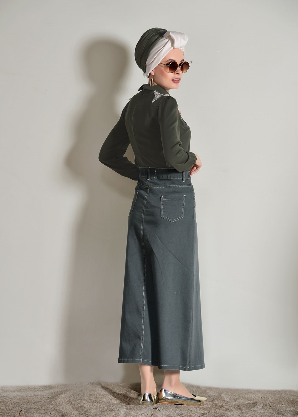 Tesettür giyim HAKİ T 2002 Telvin- Cep Detaylı Spor Etek