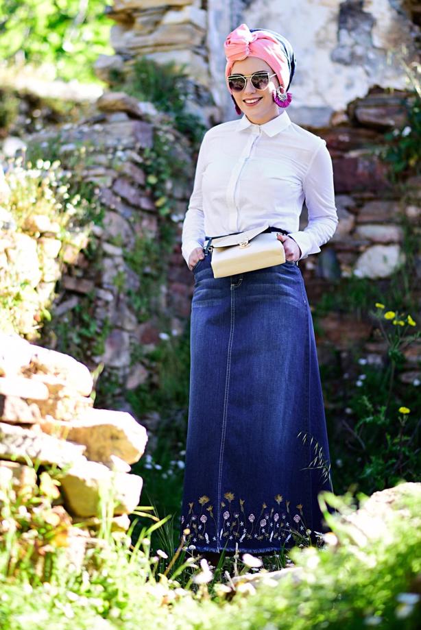 Tesettür giyim  T 2042 Telvin-İşleme Detaylı Denim Etek - TRENDTESETTÜR