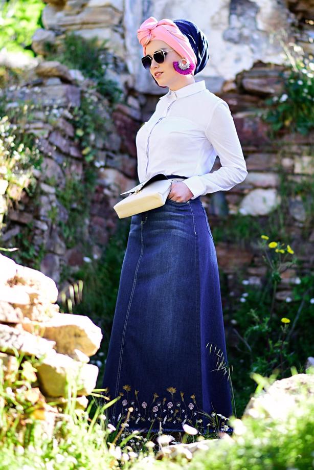 Tesettür giyim  T 2042 Telvin-İşleme Detaylı Denim Etek - TRENDTESETTÜR