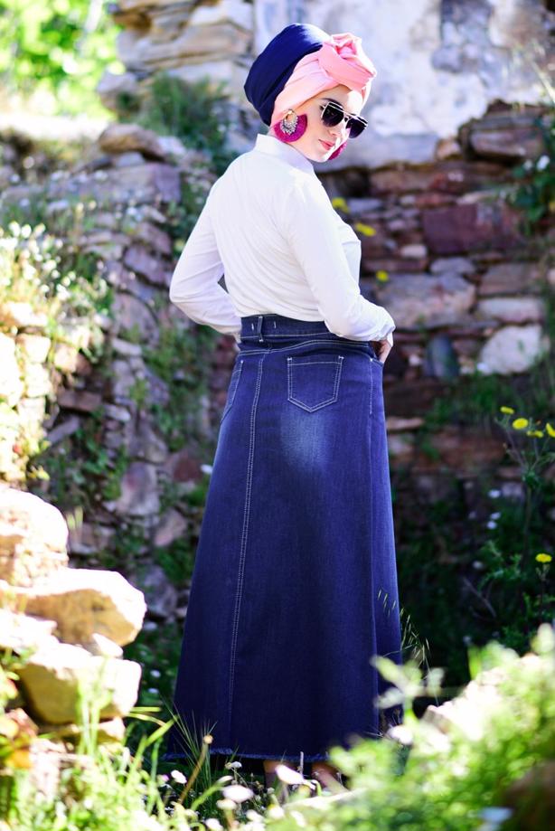 Tesettür giyim  T 2042 Telvin-İşleme Detaylı Denim Etek - TRENDTESETTÜR