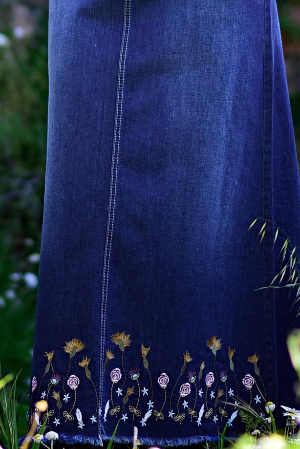 Tesettür giyim  T 2042 Telvin-İşleme Detaylı Denim Etek - TRENDTESETTÜR