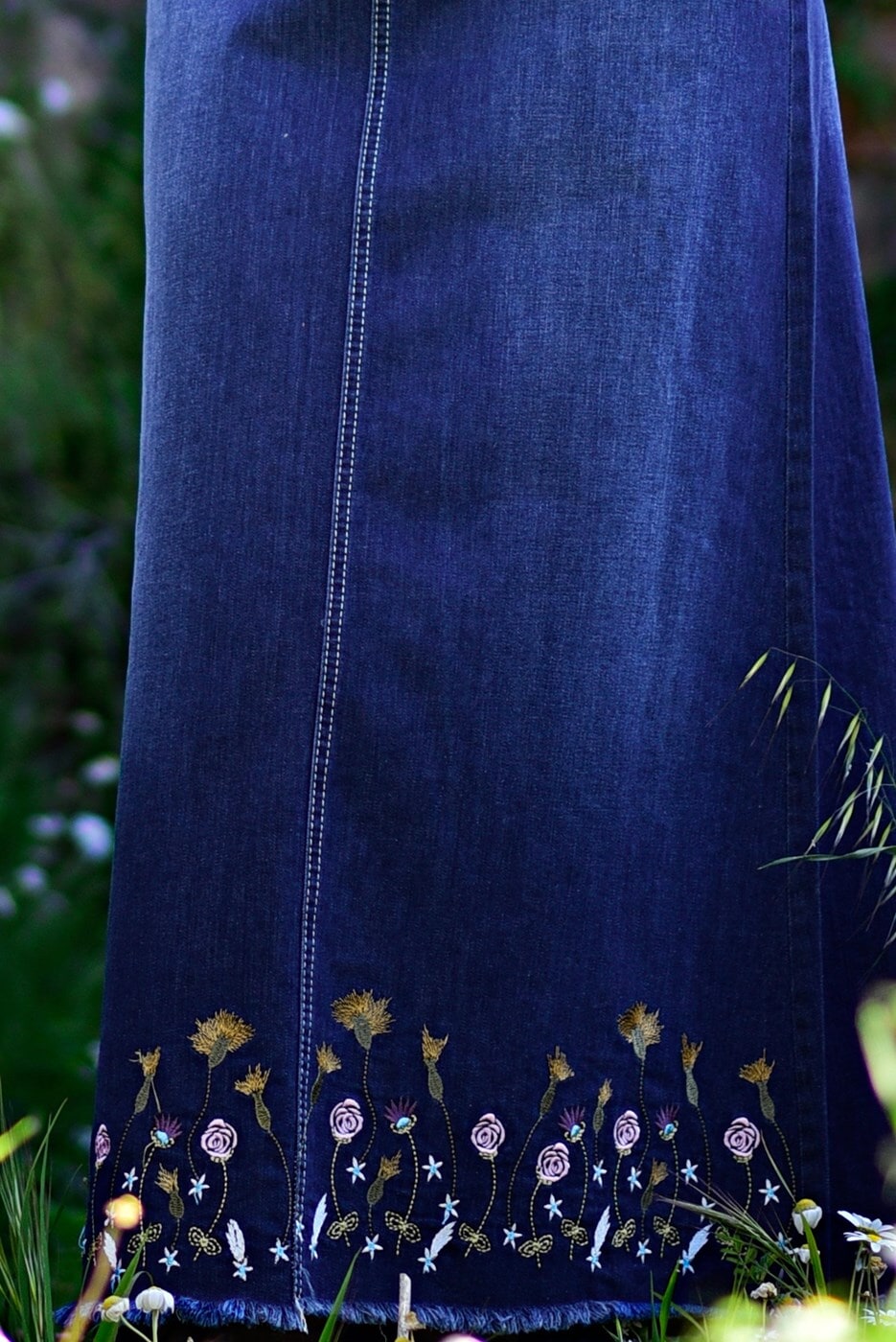 Tesettür giyim LACİVERT T 2042 Telvin-İşleme Detaylı Denim Etek