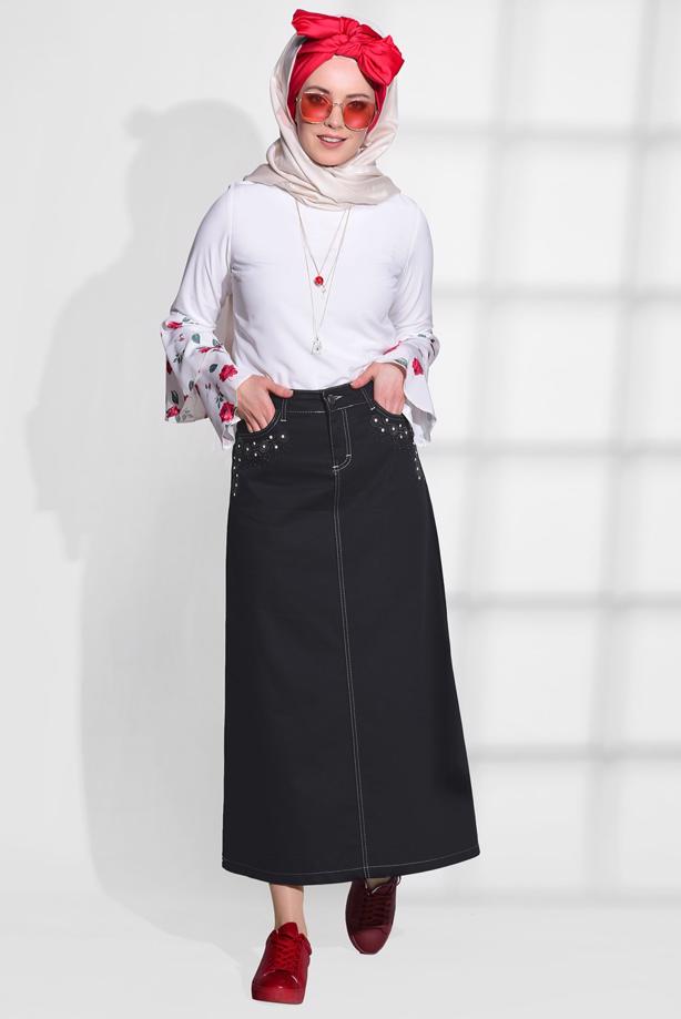 Tesettür giyim  TAŞ BASKI DETAYLI SPOR KESİM ETEK 2453 - TRENDTESETTÜR