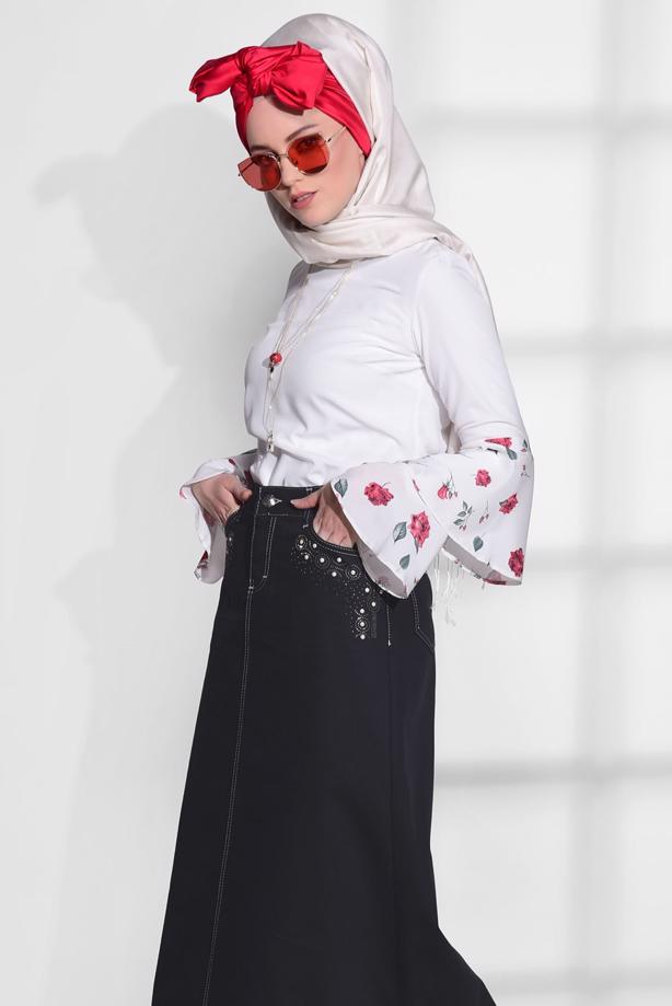 Tesettür giyim  TAŞ BASKI DETAYLI SPOR KESİM ETEK 2453 - TRENDTESETTÜR