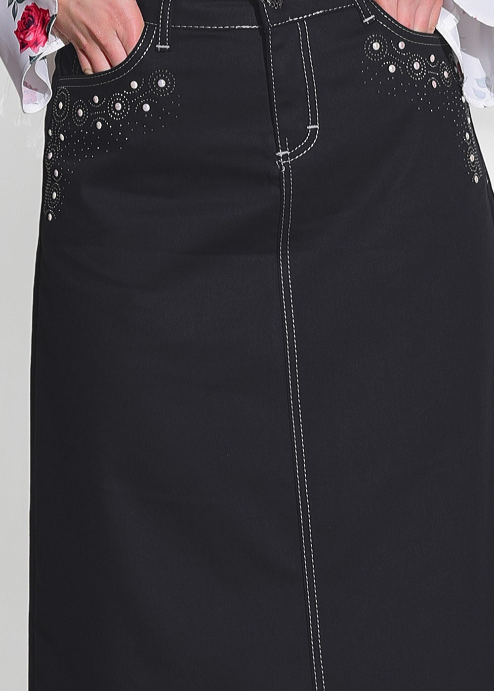 Tesettür giyim SİYAH TAŞ BASKI DETAYLI SPOR KESİM ETEK 2453