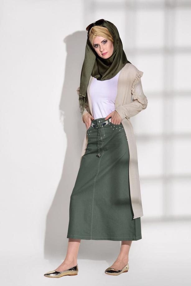 Tesettür giyim  TAŞ BASKI DETAYLI SPOR KESİM ETEK 2453 - TRENDTESETTÜR