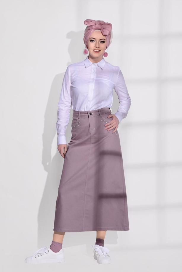 Tesettür giyim  TAŞ BASKI DETAYLI SPOR KESİM ETEK 2453 - TRENDTESETTÜR