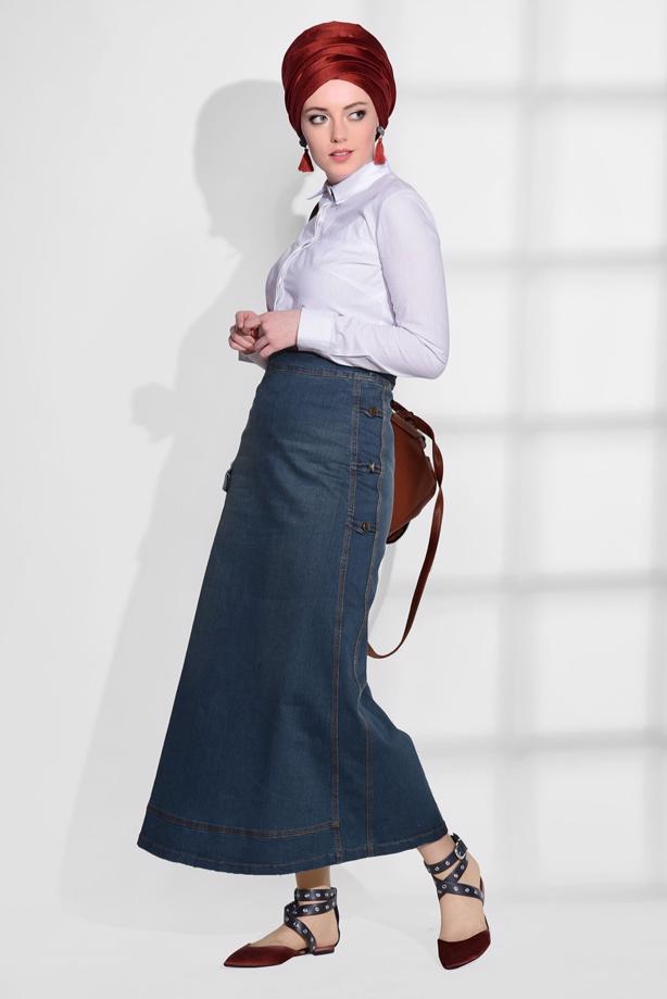 Tesettür giyim  T 3081 Telvin-Cep detaylı Denim Etek - TRENDTESETTÜR