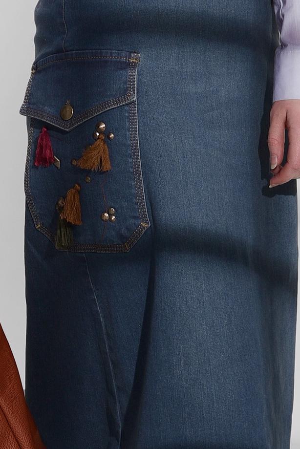 Tesettür giyim  T 3081 Telvin-Cep detaylı Denim Etek - TRENDTESETTÜR