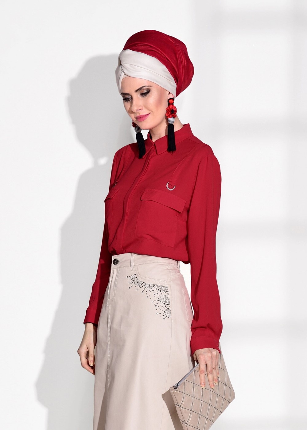 Tesettür giyim BEJ T 4051 Telvin- İşleme Detaylı Spor Etek