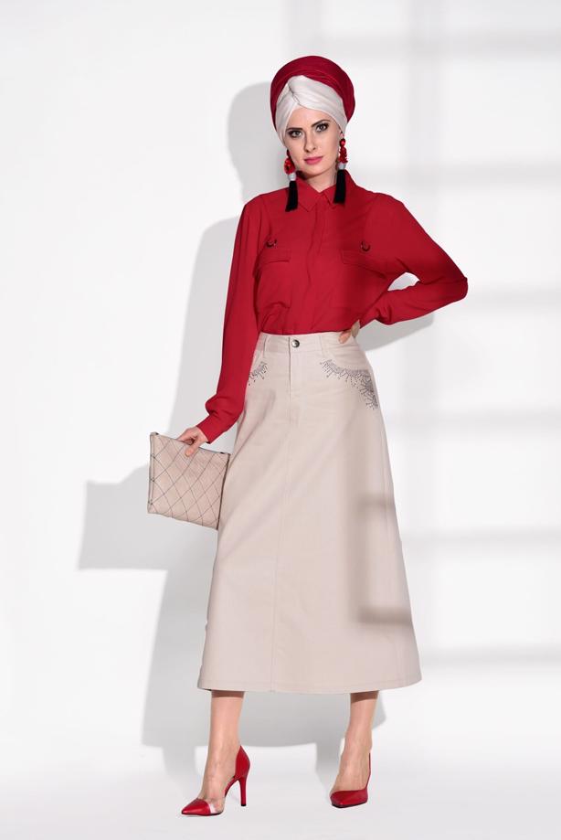 Tesettür giyim  T 4051 Telvin- İşleme Detaylı Spor Etek - TRENDTESETTÜR