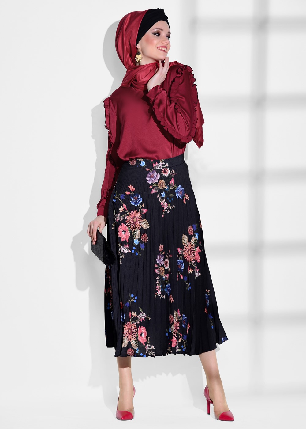 Vêtements hijab NOIR JUPE PLISSÉE À FLEURS 4420