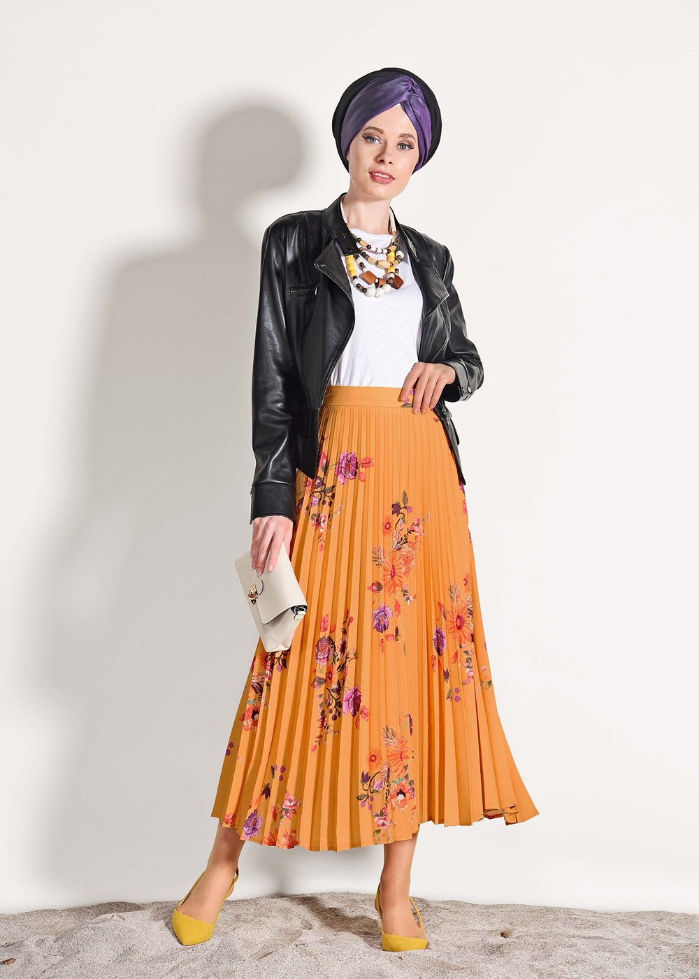 Vêtements hijab ORANGE JUPE PLISSÉE À FLEURS 4420