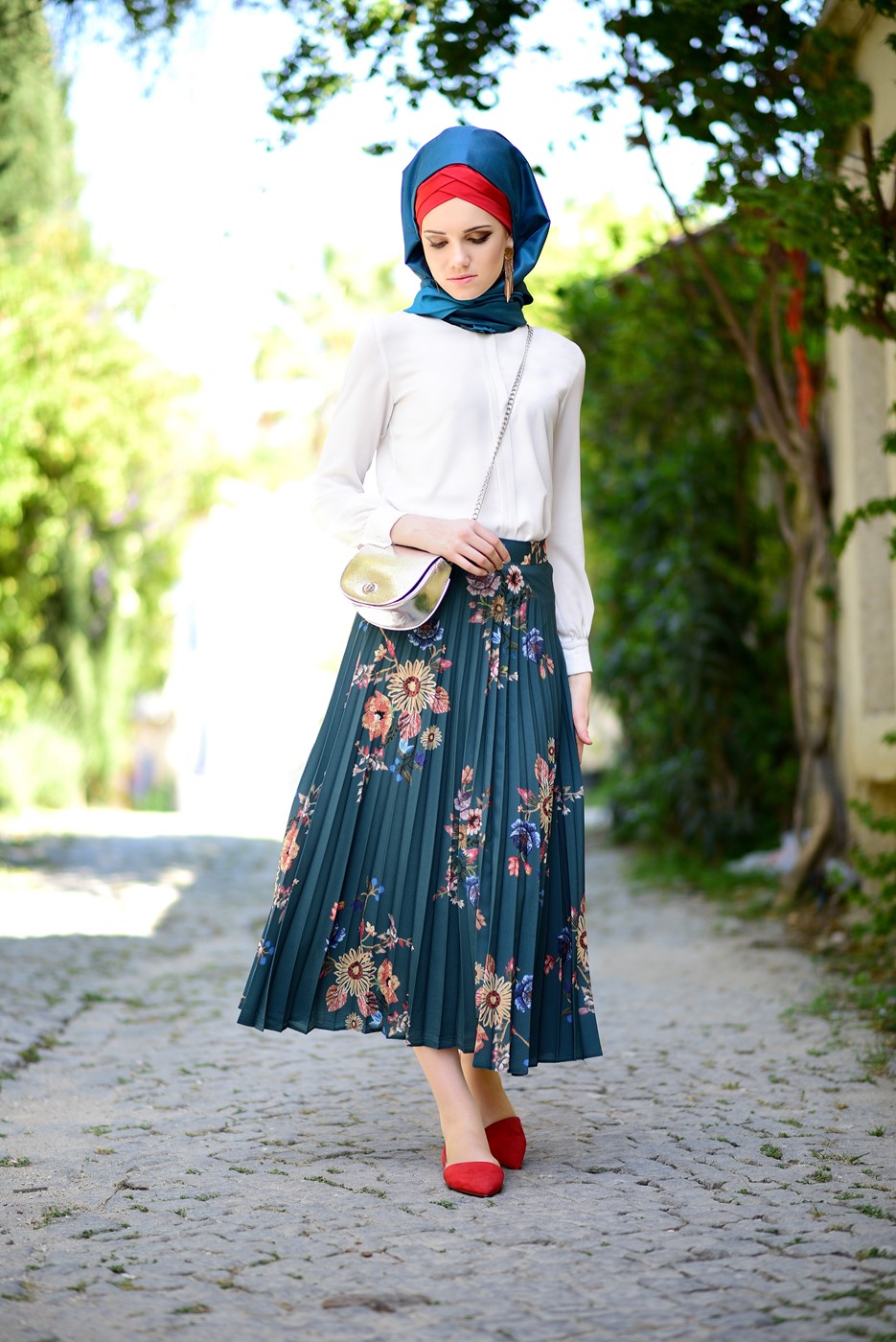 Vêtements hijab BLEU JUPE PLISSÉE À FLEURS 4420