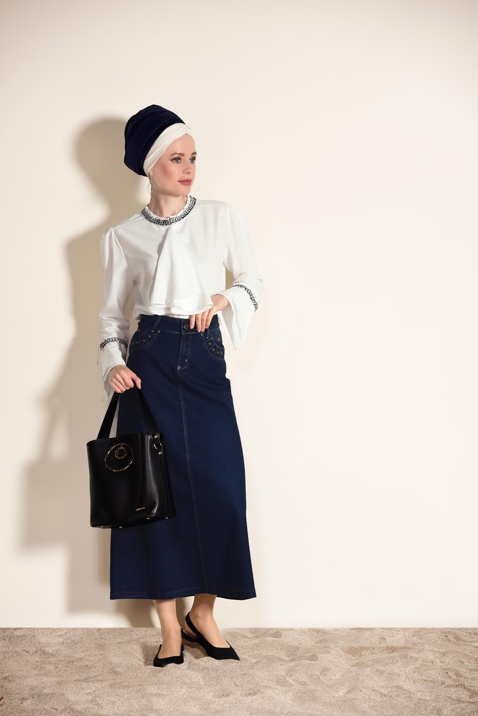 Tesettür giyim LACİVERT T 4912 Üçler Yakamoz-Zımba Detaylı Denim Etek