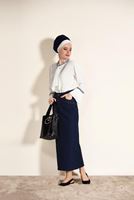 Tesettür giyim LACİVERT T 4912 Üçler Yakamoz-Zımba Detaylı Denim Etek