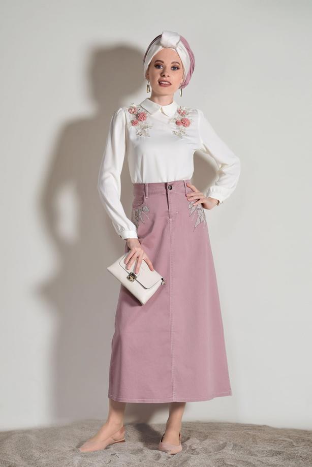 Tesettür giyim  T 5002 Telvin-İşlemeli Spor Etek - TRENDTESETTÜR