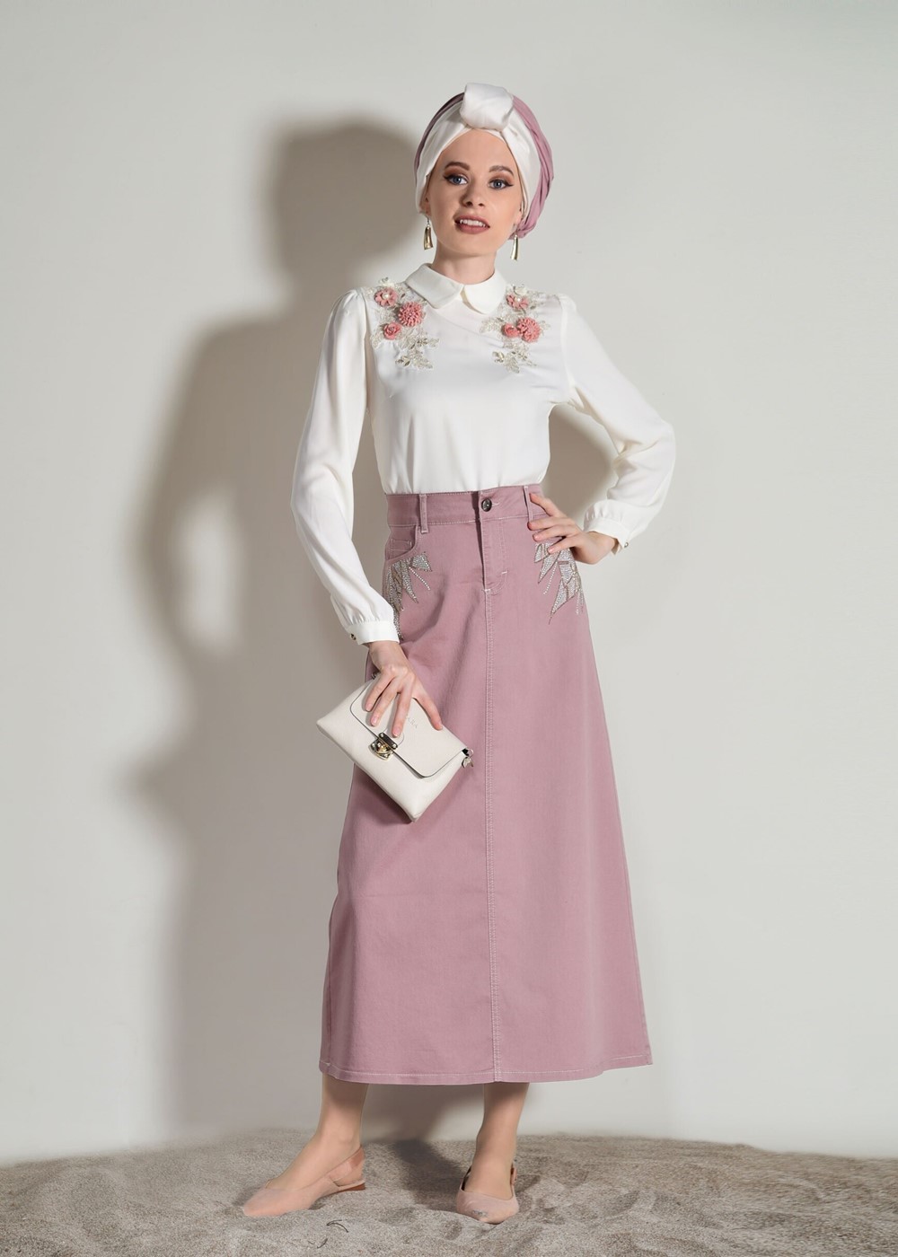 Tesettür giyim PUDRA T 5002 Telvin-İşlemeli Spor Etek