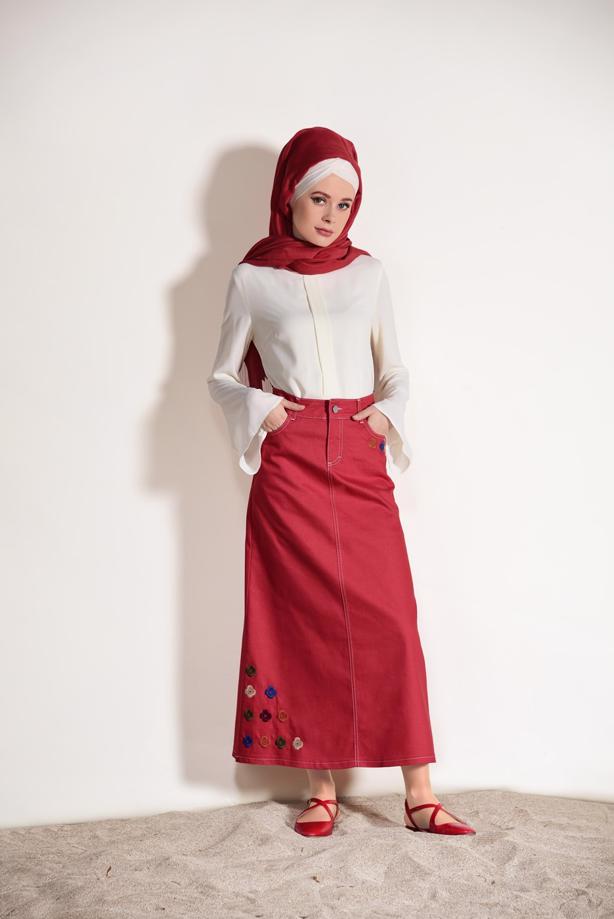 Tesettür giyim  NAKIŞ DETAYLI DENİM ETEK 6002  - TRENDTESETTÜR