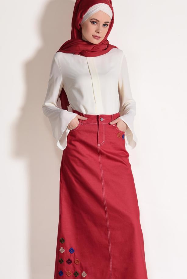 Tesettür giyim  NAKIŞ DETAYLI DENİM ETEK 6002  - TRENDTESETTÜR