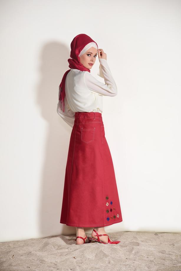 Tesettür giyim  NAKIŞ DETAYLI DENİM ETEK 6002  - TRENDTESETTÜR