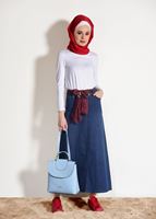 Tesettür giyim LACİVERT T 7002 Telvin-Kuşak Detaylı  Denim Etek