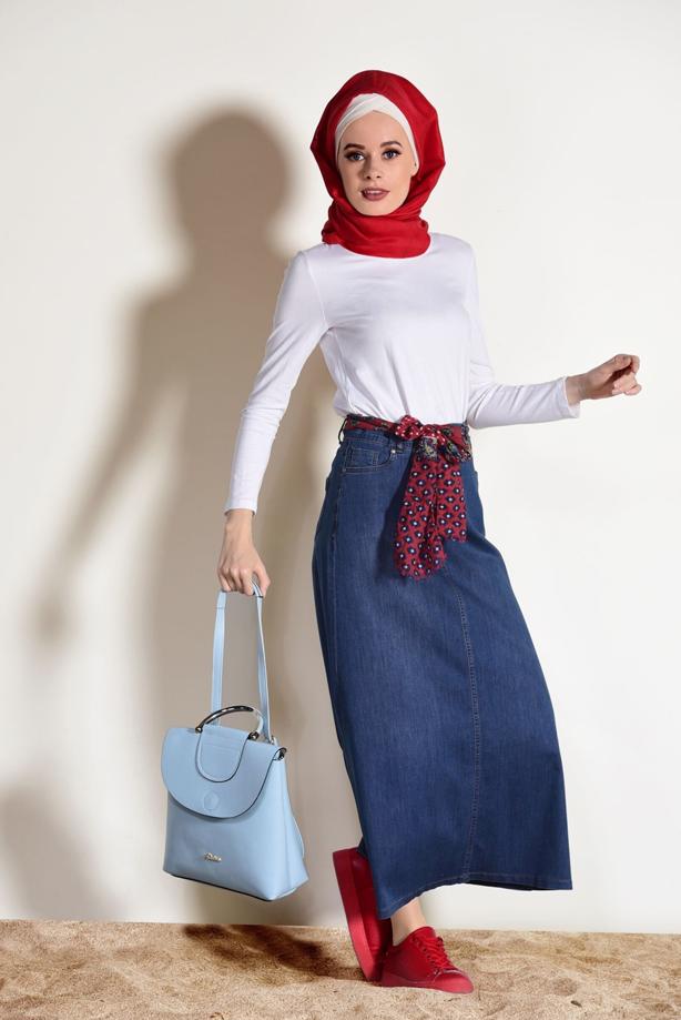 Tesettür giyim  T 7002 Telvin-Kuşak Detaylı  Denim Etek - TRENDTESETTÜR
