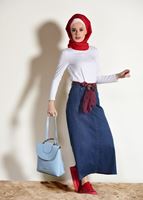 Tesettür giyim LACİVERT T 7002 Telvin-Kuşak Detaylı  Denim Etek