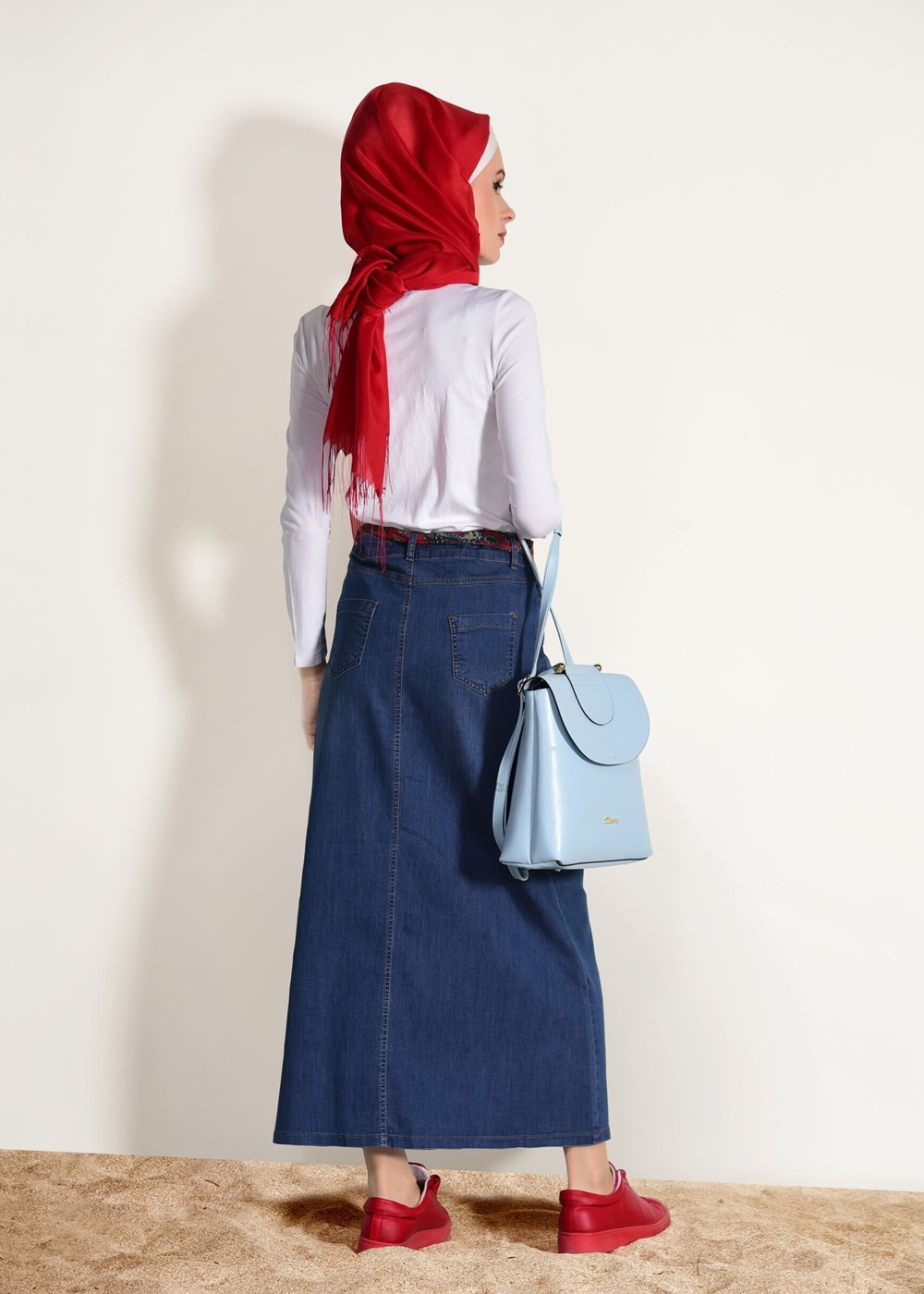 Tesettür giyim LACİVERT T 7002 Telvin-Kuşak Detaylı  Denim Etek