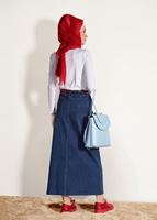 Tesettür giyim LACİVERT T 7002 Telvin-Kuşak Detaylı  Denim Etek